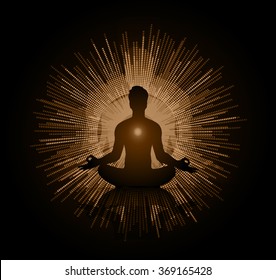 man meditate dark brown abstract circle background, yoga. beam. ray