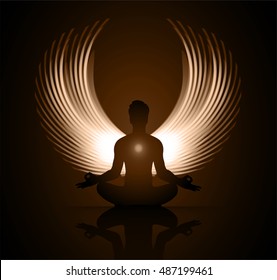 man meditate dark brown abstract background, yoga. ray. beam. Buddhist meditation, Hindu meditation. wing