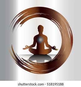 man meditate dark brown abstract background, yoga. ray. beam. Buddhist meditation, Hindu meditation. vector