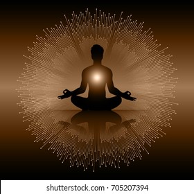 man meditate dark brown abstract background, yoga. ray. beam. Buddhist Hindu meditation.