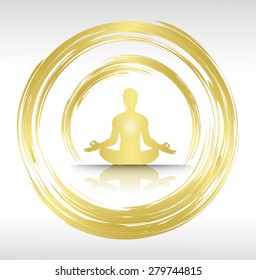 man meditate dark gold circle abstract background, yoga. orange background.