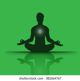 man meditate dark green abstract background, yoga.