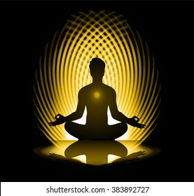 man meditate dark green abstract background, yoga.