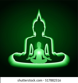 man meditate dark green abstract background, yoga. ray. beam. Buddhist meditation, Hindu meditation.