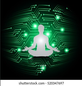 man meditate dark green abstract technology background, yoga. ray. beam. Buddhist meditation, Hindu meditation. vector.
