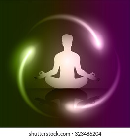 man meditate dark green purple nuclear atom abstract background, yoga. ray. beam.