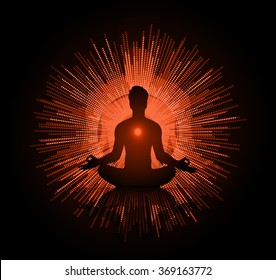 man meditate dark orange abstract circle background, yoga. beam. ray