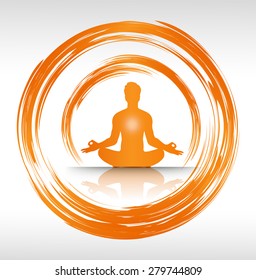 man meditate dark orange circle abstract background, yoga. white background.