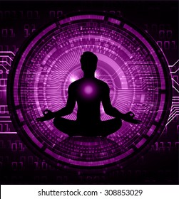 man meditate dark purple circle abstract background, yoga.
