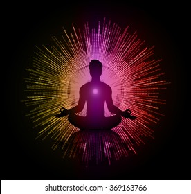 man meditate dark purple  yellow red abstract circle background, yoga. beam. ray