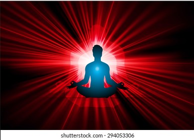 man meditate dark red abstract background, yoga. beam. ray