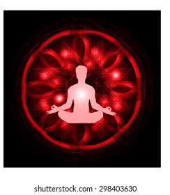man meditate dark red abstract circle background, yoga. beam. ray