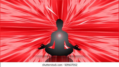 man meditate dark red abstract background, yoga. ray. beam. Buddhist meditation, Hindu meditation.