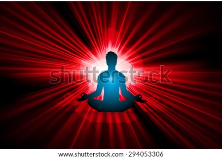 man meditate dark red abstract background, yoga. beam. ray