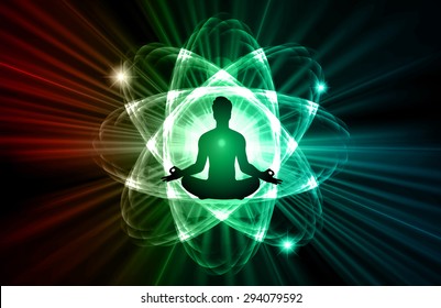 man meditate dark red green blue blue nuclear atom abstract background, yoga. ray. beam. 
