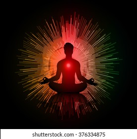 man meditate dark red green orange abstract circle background, yoga. beam. ray