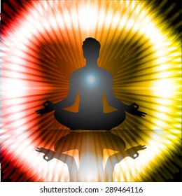 man meditate dark red orange yellow abstract circle background, yoga. beam. ray