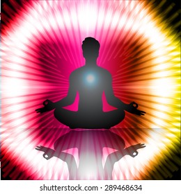 man meditate dark red pink yellow abstract circle background, yoga. beam. ray