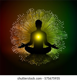 man meditate dark red yellow green abstract background, yoga. ray. beam. Buddhist meditation, Hindu meditation. vector