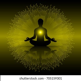 man meditate dark yellow abstract background, yoga. ray. beam. Buddhist Hindu meditation.