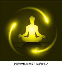 man meditate dark yellow nuclear atom abstract background, yoga. ray. beam.