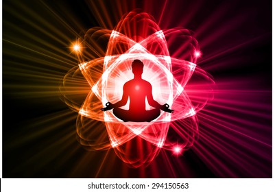 man meditate dark yellow red pink nuclear atom abstract background, yoga. ray. beam. 