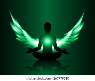 man meditate green abstract radius background, yoga. angel wings