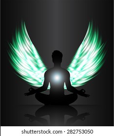 man meditate green abstract radius background, yoga. angel wings