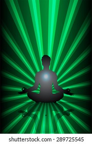 man meditate green abstract radius background, yoga. aura beam ray background