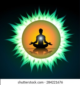 man meditate green orange sun background, abstract ray radius background