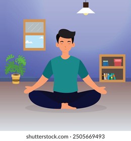 man meditate indoor home for helth illustration soft bright color design