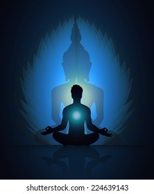 man meditate on buddha background, yoga. Dark blue background. 