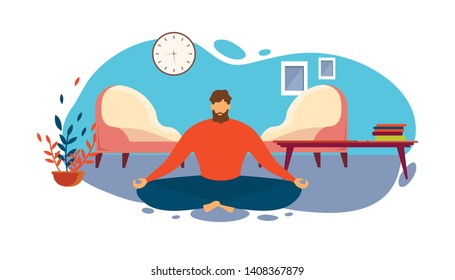 Man Meditate on Floor at Living Room Apartment in Lotus Position Vector Illustration. Home Morning Meditation Practice, Indoors Yoga Exercise, Peaceful Mind Relax, Mindfulness Mental Health