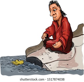 Man meditate on the rock near ocean with fish