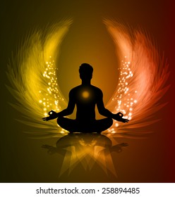 man meditate orange abstract radius background, yoga. angel wings