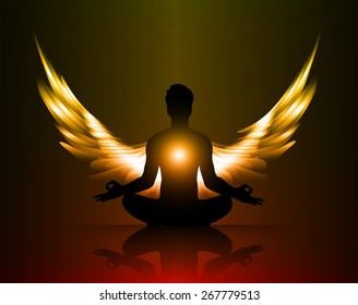 man meditate orange red abstract radius background, yoga. angel wings
