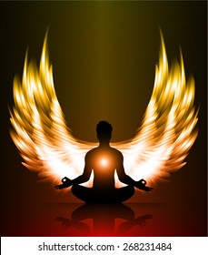 man meditate orange red abstract radius background, yoga. angel wings