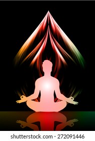 man meditate orange red green Light abstract radius background, yoga.