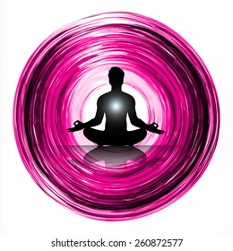 man meditate pink abstract lighting effects background, yoga.