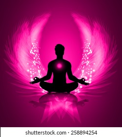 man meditate pink abstract radius background, yoga. angel wings
