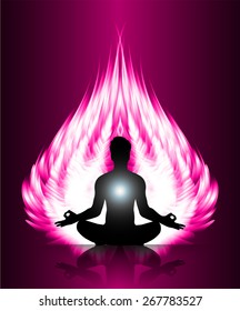 man meditate pink abstract radius fire background, yoga.