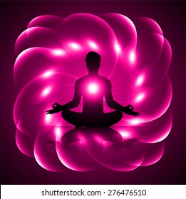 man meditate pink abstract radius background, yoga.