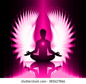 man meditate pink abstract radius background, yoga. angel wings