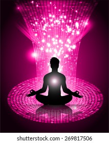 man meditate pink Light radius Abstract graphic Technology background, yoga.