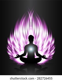 man meditate purple abstract fire background, yoga.