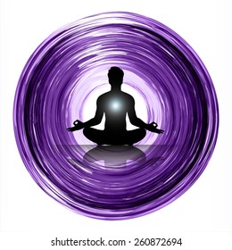 man meditate purple abstract lighting effects background, yoga.