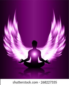 man meditate purple abstract radius background, yoga. angel wings