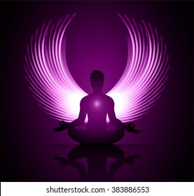 man meditate purple abstract radius background, yoga. angel wings