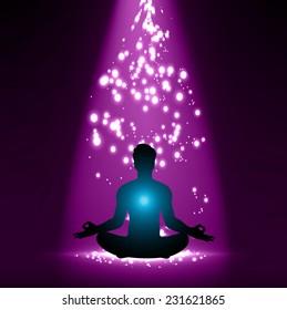 man meditate purple abstract stage lighting effects background, yoga.  
