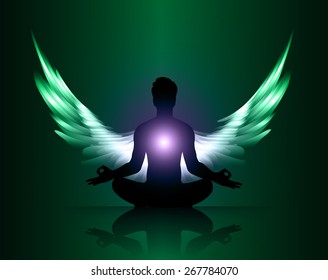 man meditate purple green abstract radius background, yoga. angel wings